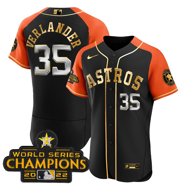 Men's Houston Astros #35 Justin Verlander 2023 Black Gold V2 Alternate Flex Base Stitched Baseball Jersey Men's Houston Astros #35 Justin Verlander 2023 Black Gold V2 Alternate Flex Base Stitched Baseball Jersey